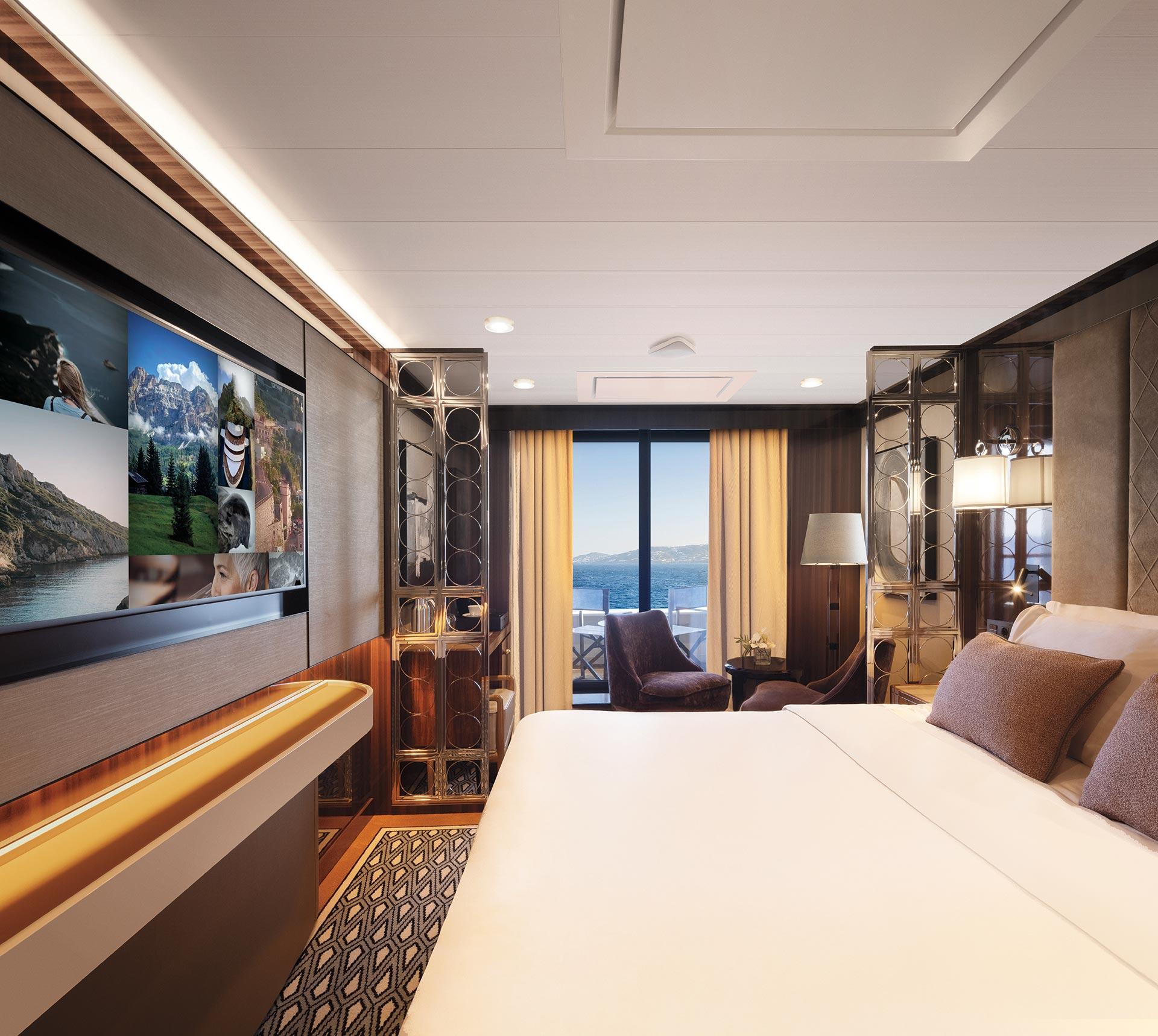 A Veranda stateroom with a queen bed, armchair and sliding door to a private balcony