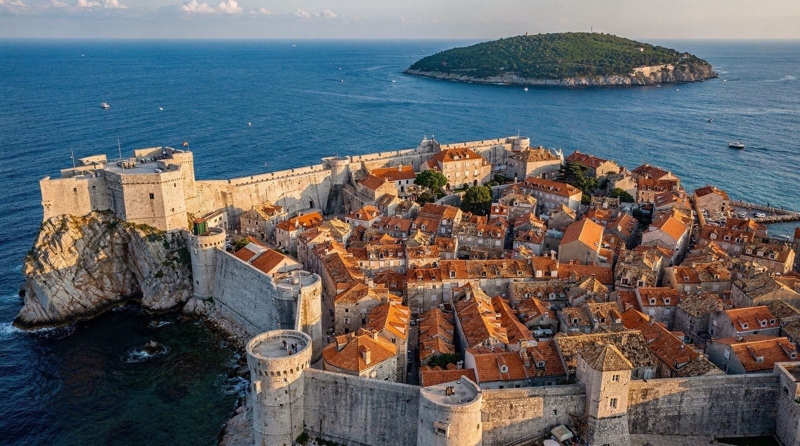 Dubrovnik's walled old town and harbor with boats in the Adriatic