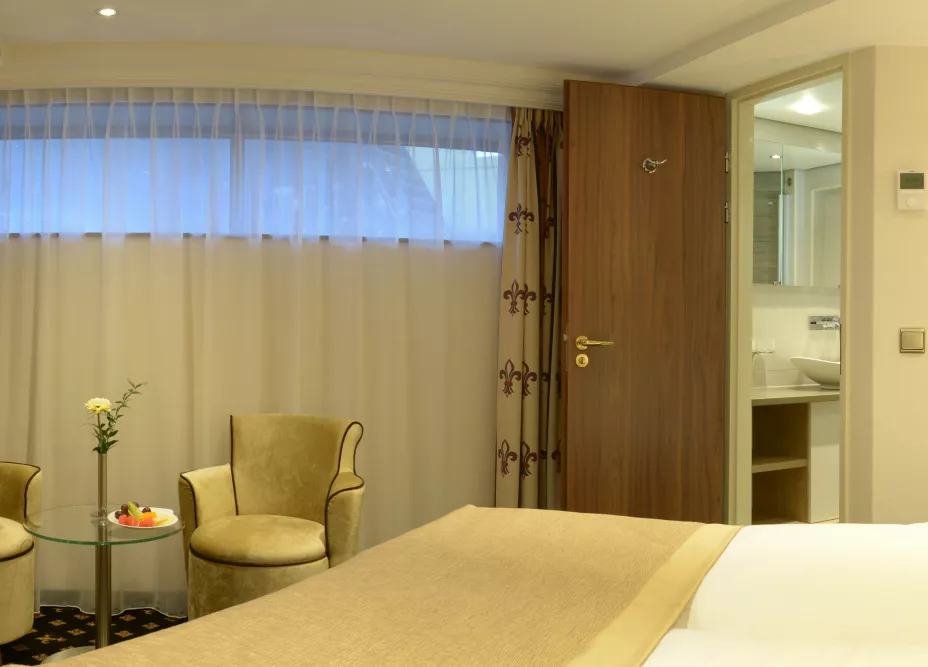 A fixed-window classic cabin aboard the MS Jane Austen, with a bed and armchair by the window