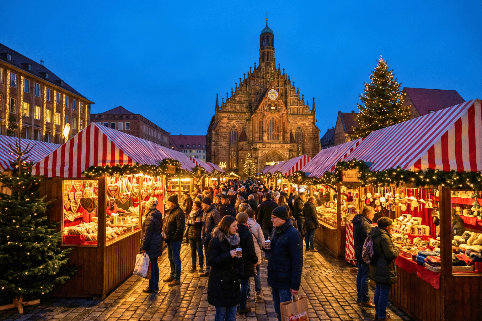 Red-and-white striped market stalls at the Nuremberg Christkindlesmarkt at dusk, with the Frauenkirche behind